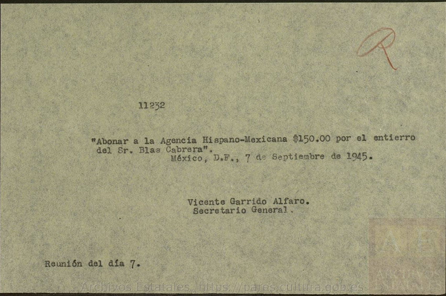 Expediente del refugiado en México Blas Cabrera Sánchez. Archivo General de la Administración, AGA,12,02722,018.